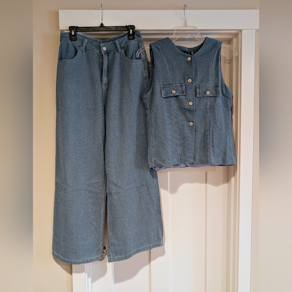 Denim Blue Wide Leg Pants & Vest Set